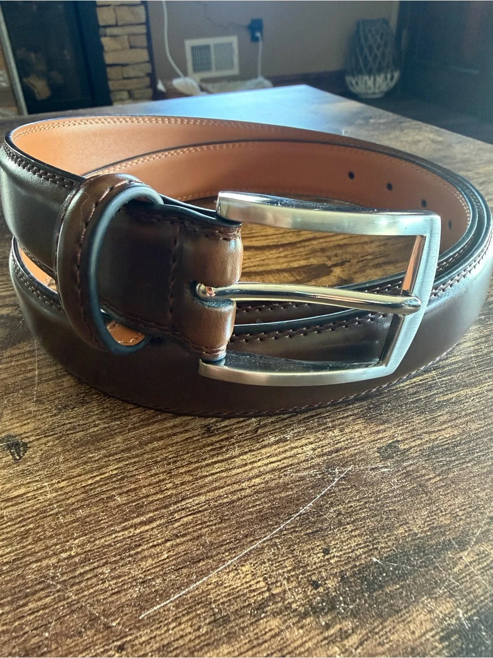 Source Unknown Brown Leather Belt with Silver Buckle